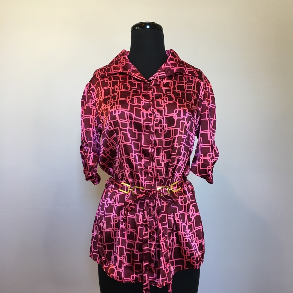 90s/Y2K Rue 21 Burgundy and Pink Square Print Belted Button Down Tunic, M